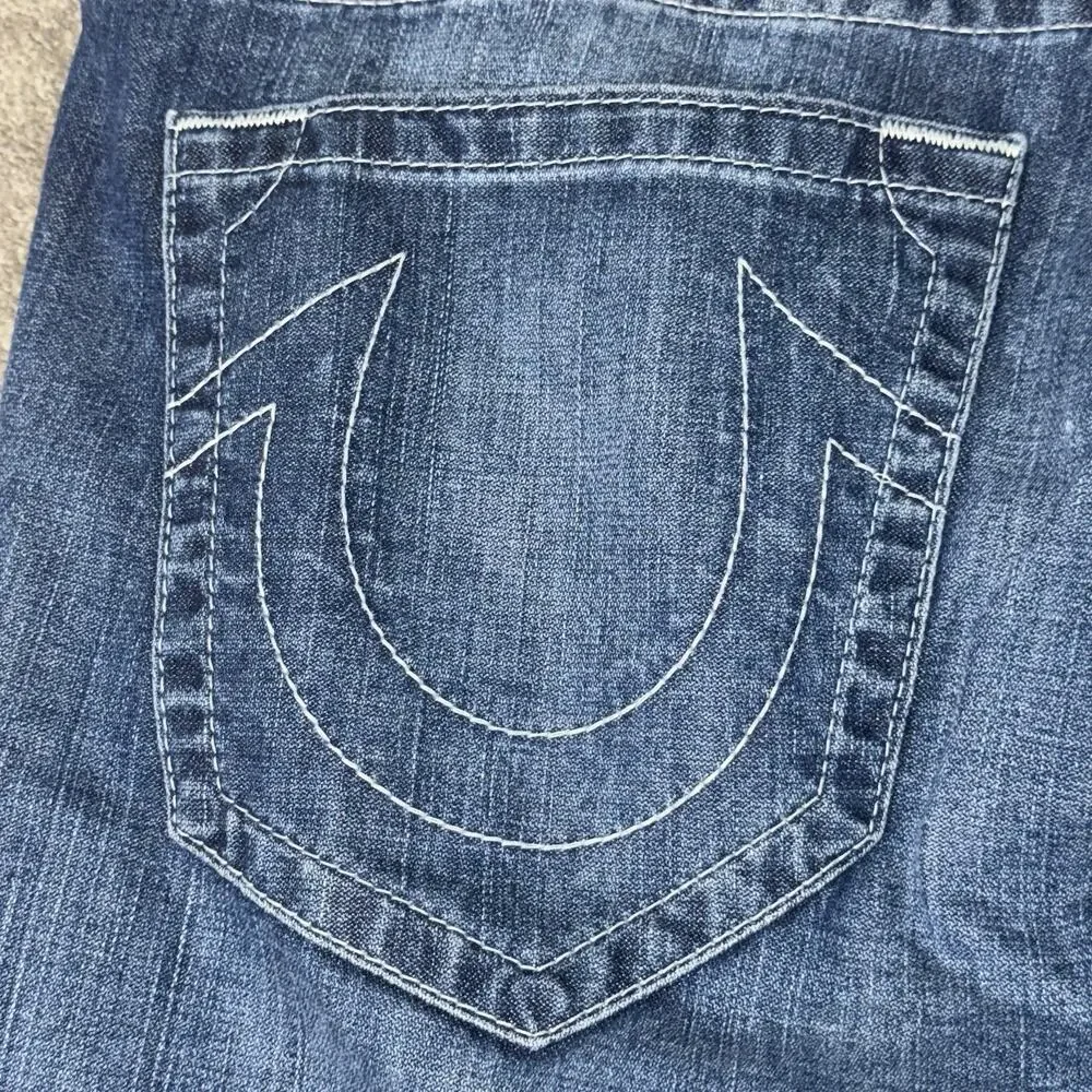 True Religion Mens 40 Skinny Fit Jeans Blue Distressed Denim‎ Designer USA